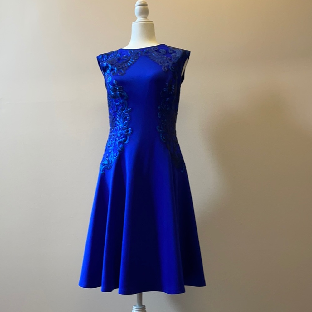 Tadashi Shoji midi blue dress.